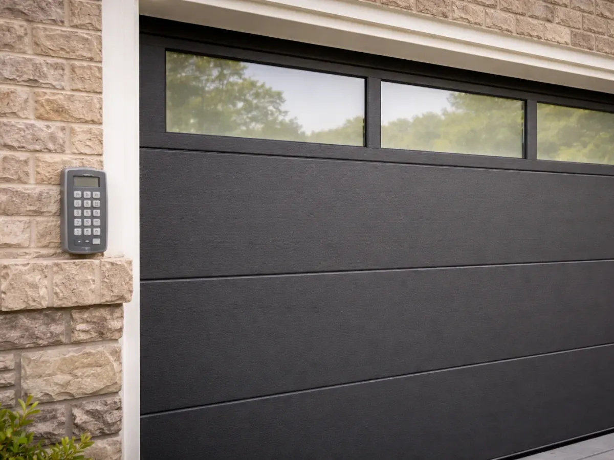 Home exterior at dusk with a closed garage door