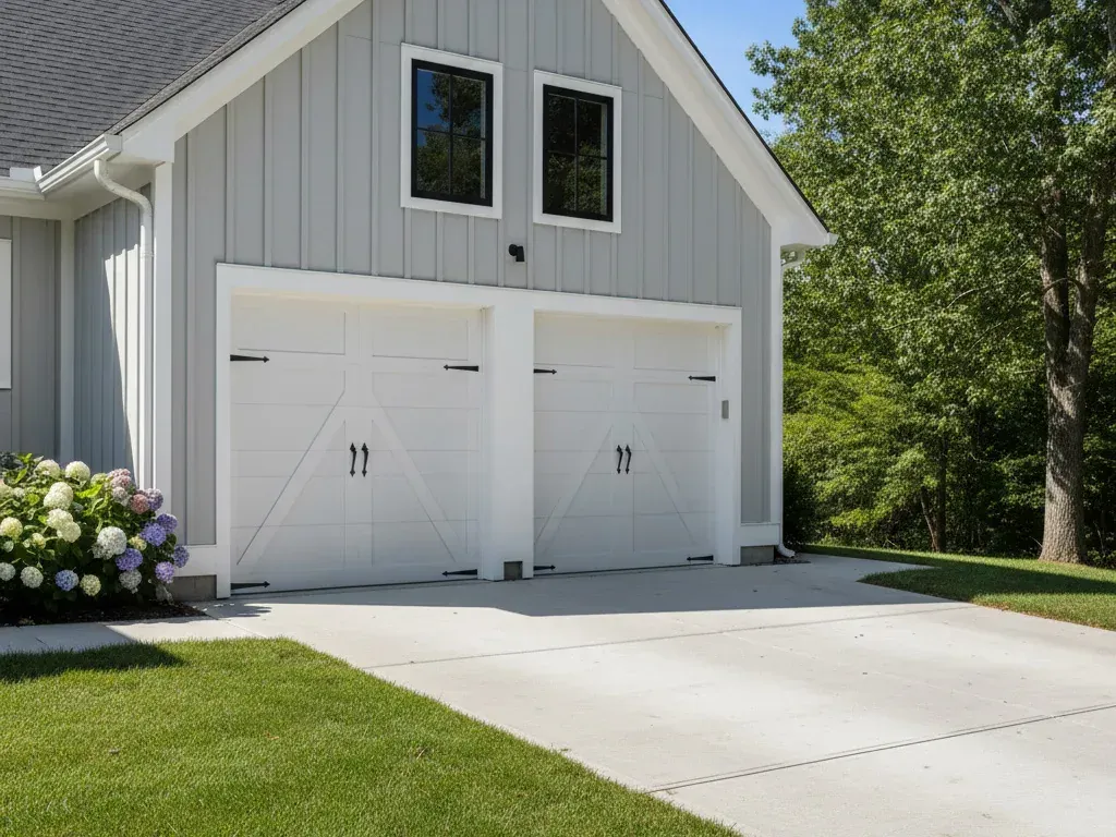 Residential garage door with a visible opener unit