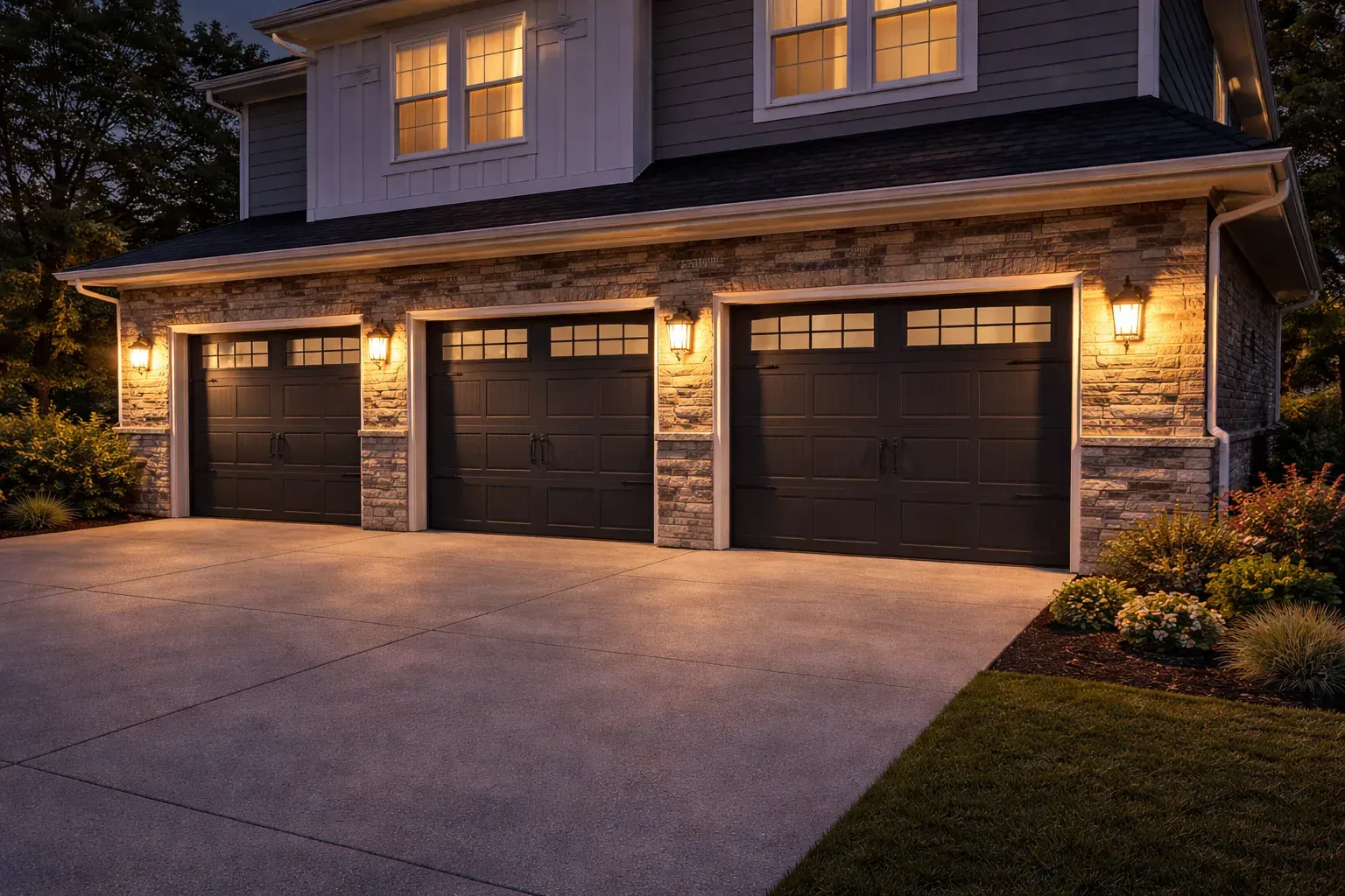 Modern home exterior at dusk with a residential garage door