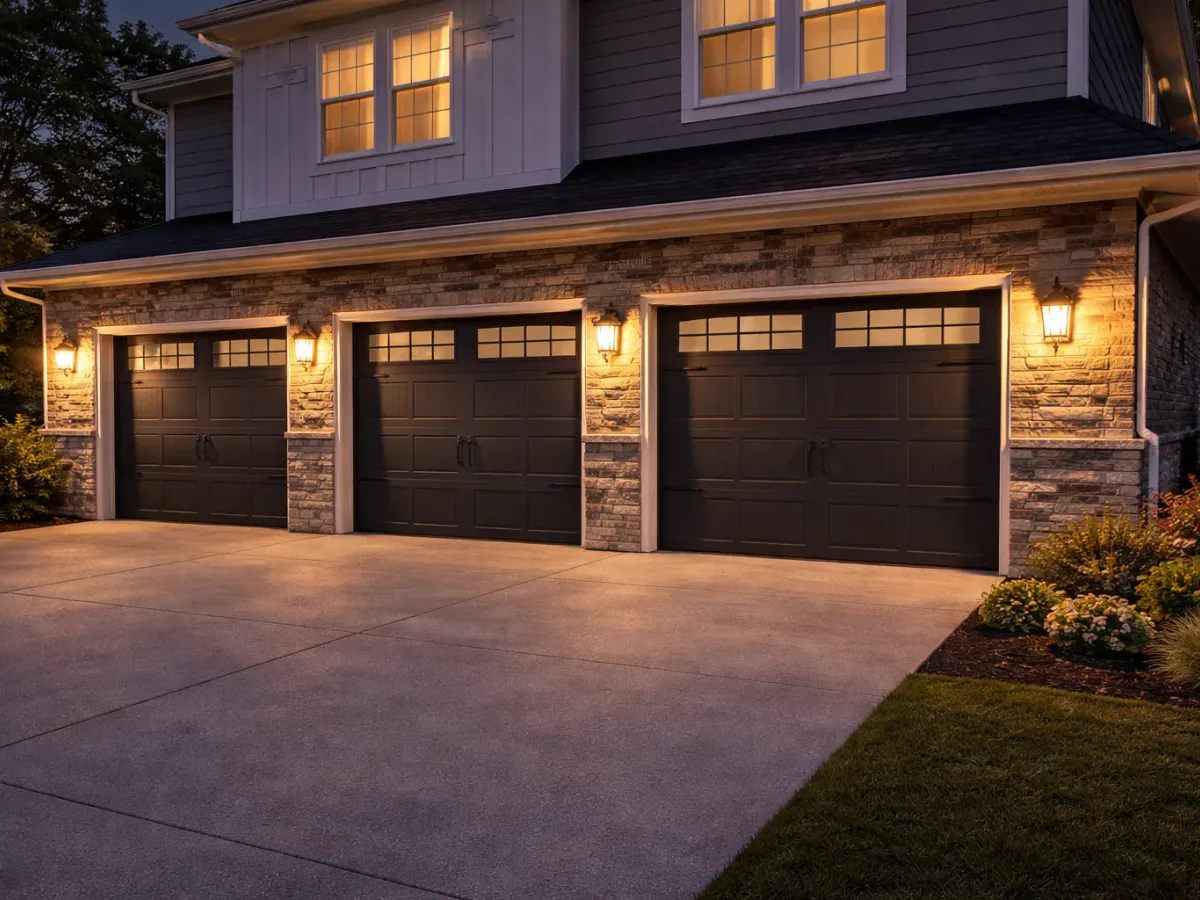Residential garage door exterior at night