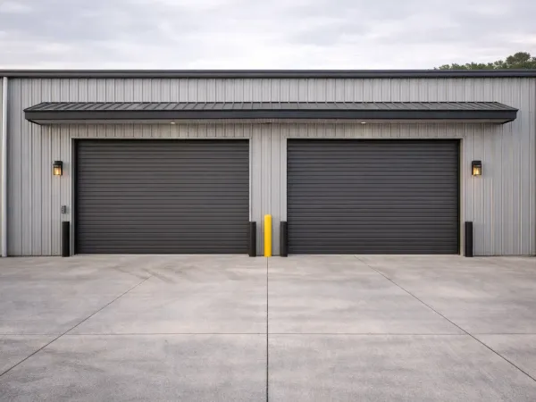 Technician working on a rolling steel garage door repair