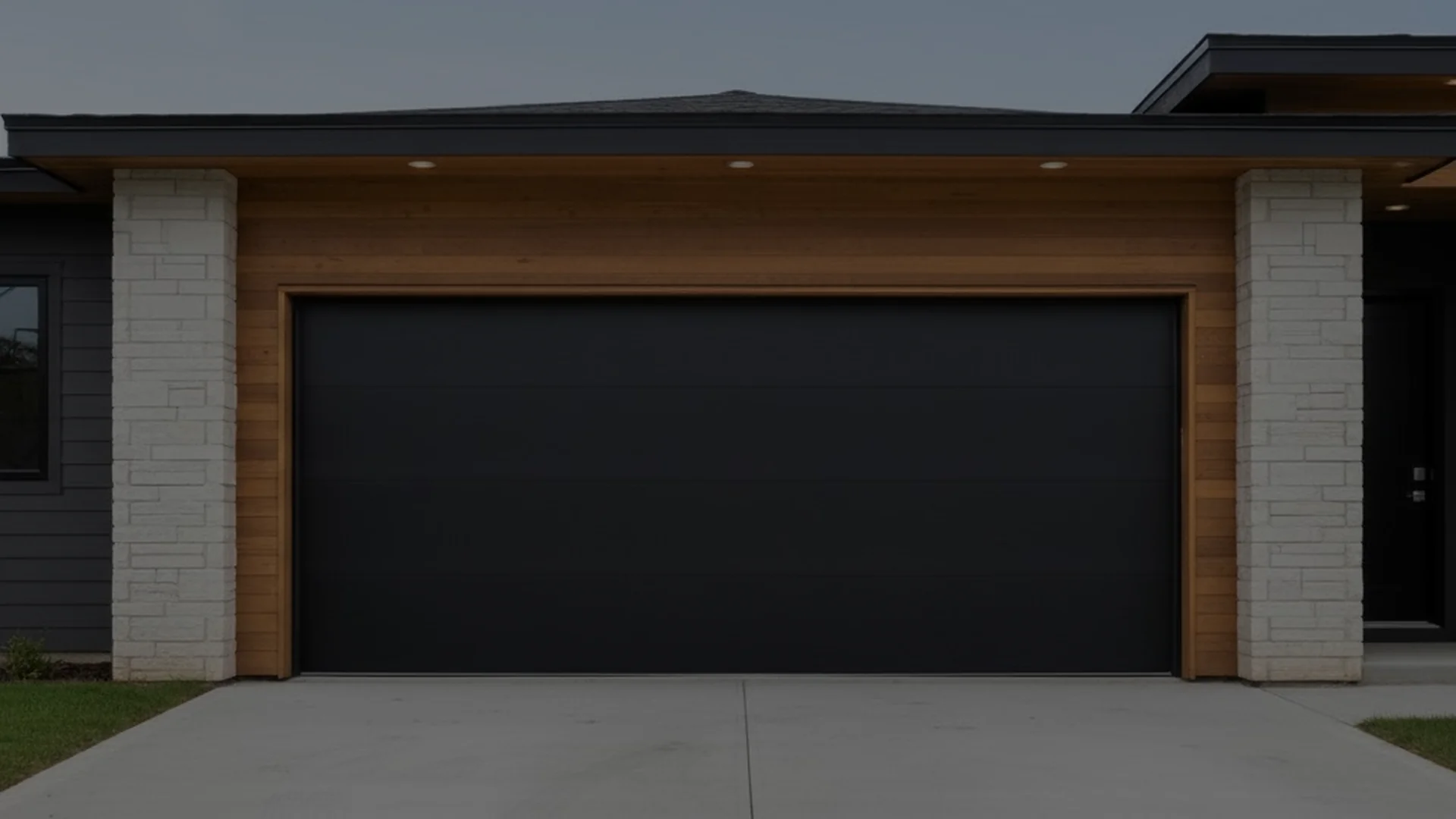 Modern black garage door installed on a contemporary home