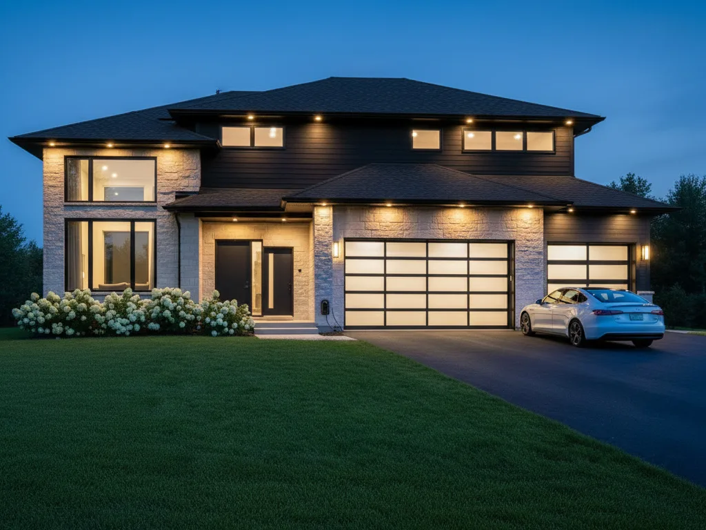 Residential garage door exterior at night
