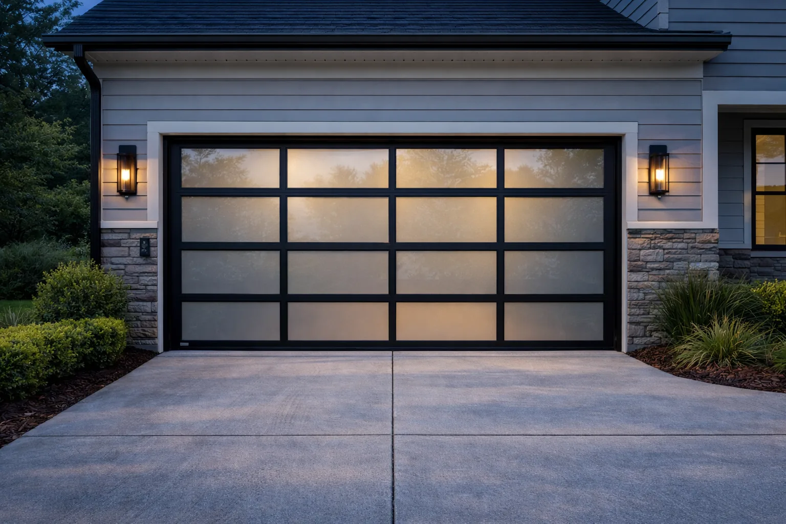 Modern residential home with garage door at dusk